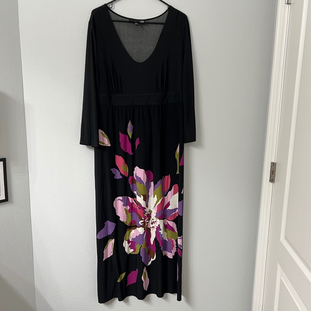 Antthony Womens XL Black Floral Maxi Dress Empire Waist V Neck Long Sleeve